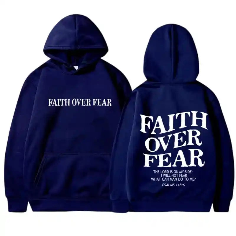 Navy blue BC Faith Over Fear Hoodie with simple front text and inspirational scripture on back. Unisex sweatshirt for faith-based fashion.