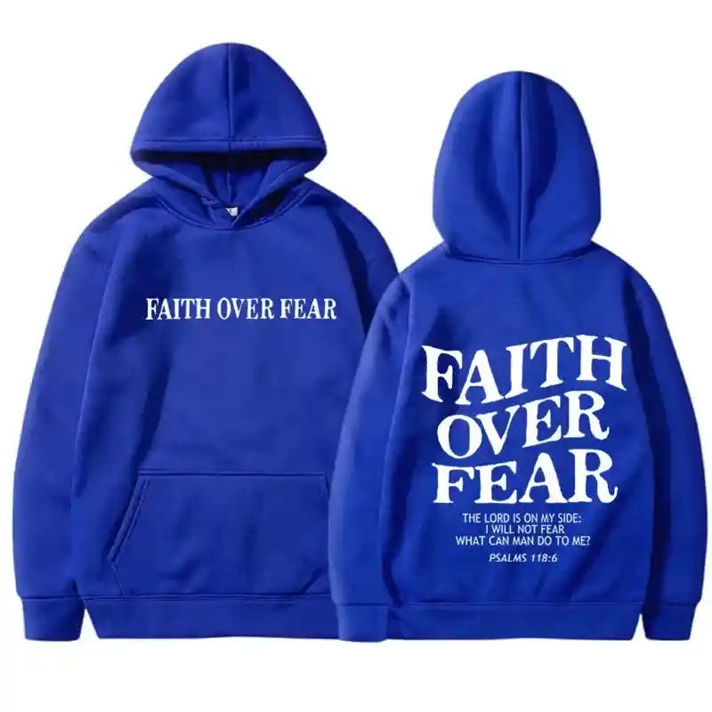 Another view of royal blue BC Faith Over Fear Hoodie with Psalm 118:6 verse. Unisex sweatshirt combining comfort and spiritual style.