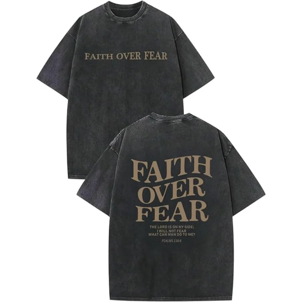 BC Christian Faith Over Fear Wash Mens Clothes Graphic T-Shirts featuring bold front and back text in vintage black wash style.