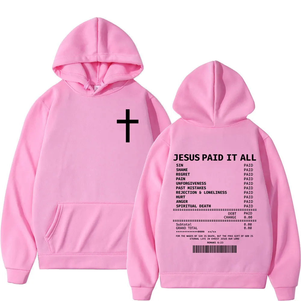 BC Salvation Jesus Paid It All hoodie in black with white cross on front and detailed Christian message on back. Oversized hip hop vintage pullover.