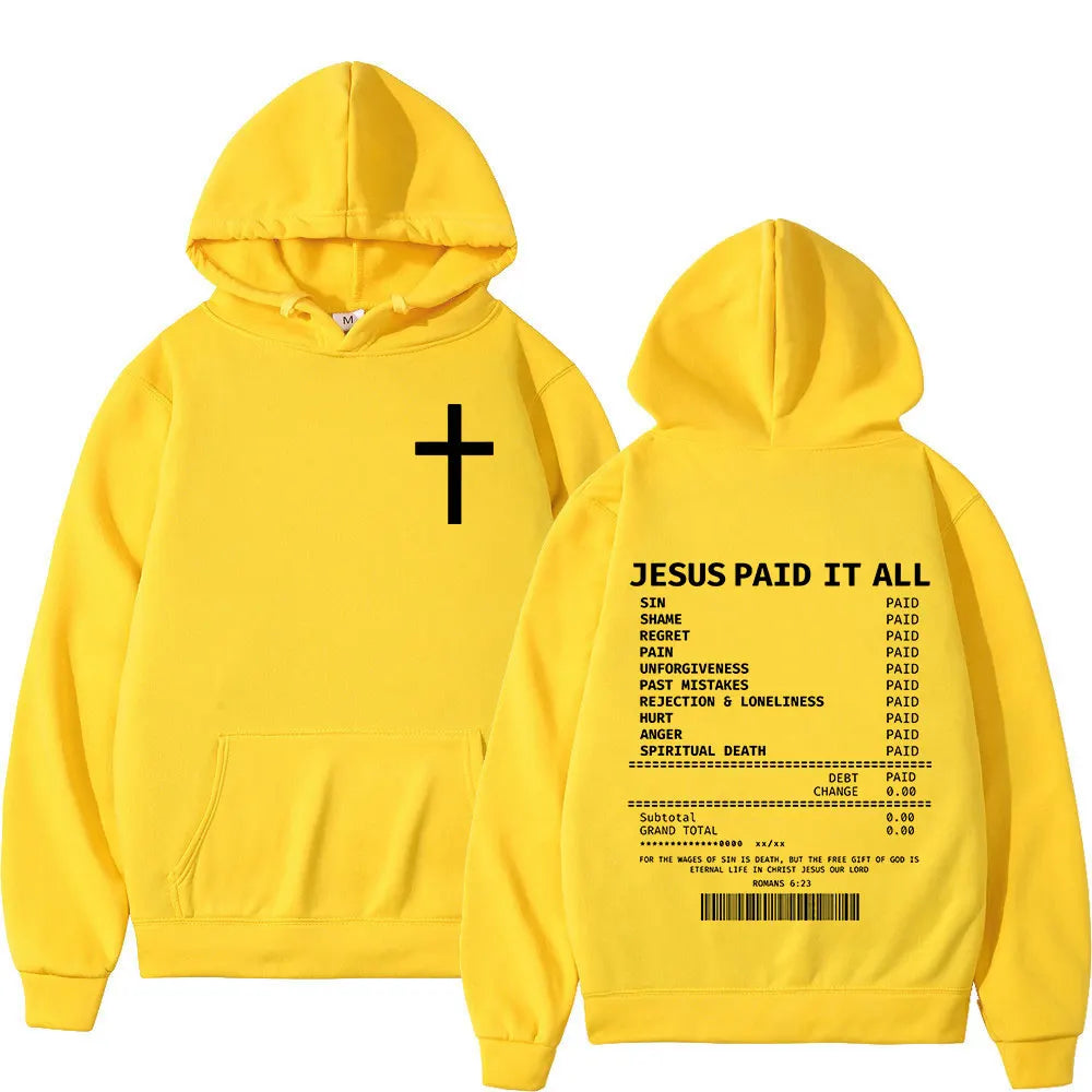 BC Salvation Jesus Paid It All hoodie in black with white cross on front and detailed Christian message on back. Oversized hip hop vintage pullover.