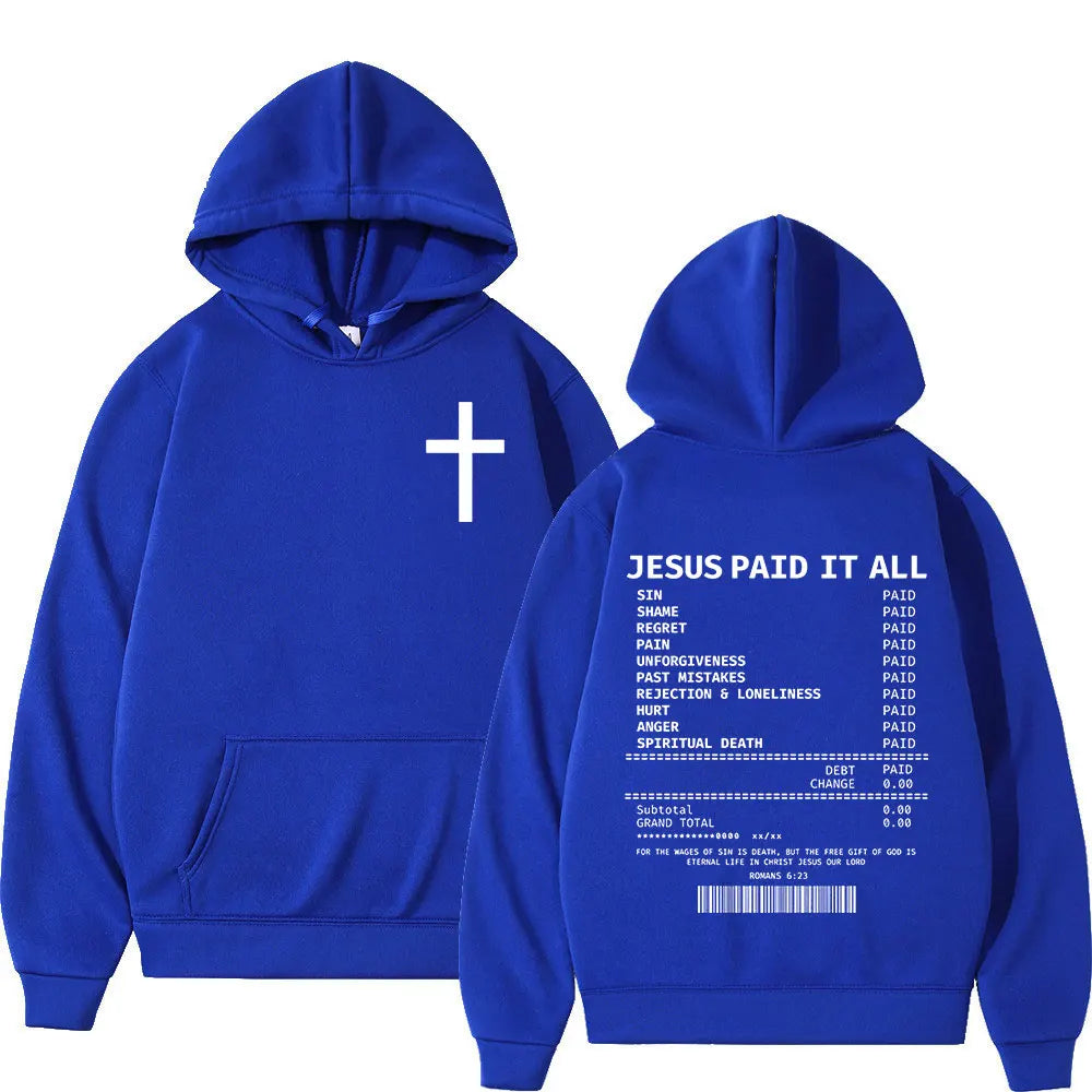 BC Salvation Jesus Paid It All hoodie in black with white cross on front and detailed Christian message on back. Oversized hip hop vintage pullover.