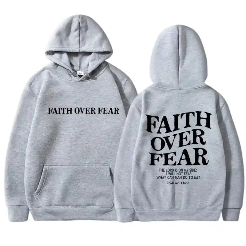 Light gray BC Faith Over Fear Hoodies with minimalist front and scripture back design. Unisex sweatshirts for stylish faith expression.