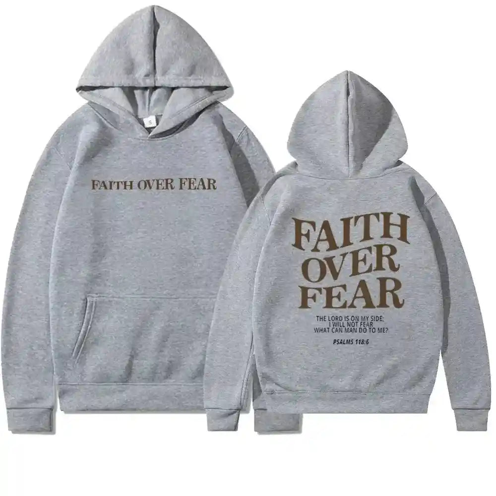 Gray BC Faith Over Fear Hoodie featuring bold scripture print, ideal for stylish Christian fashion statements.