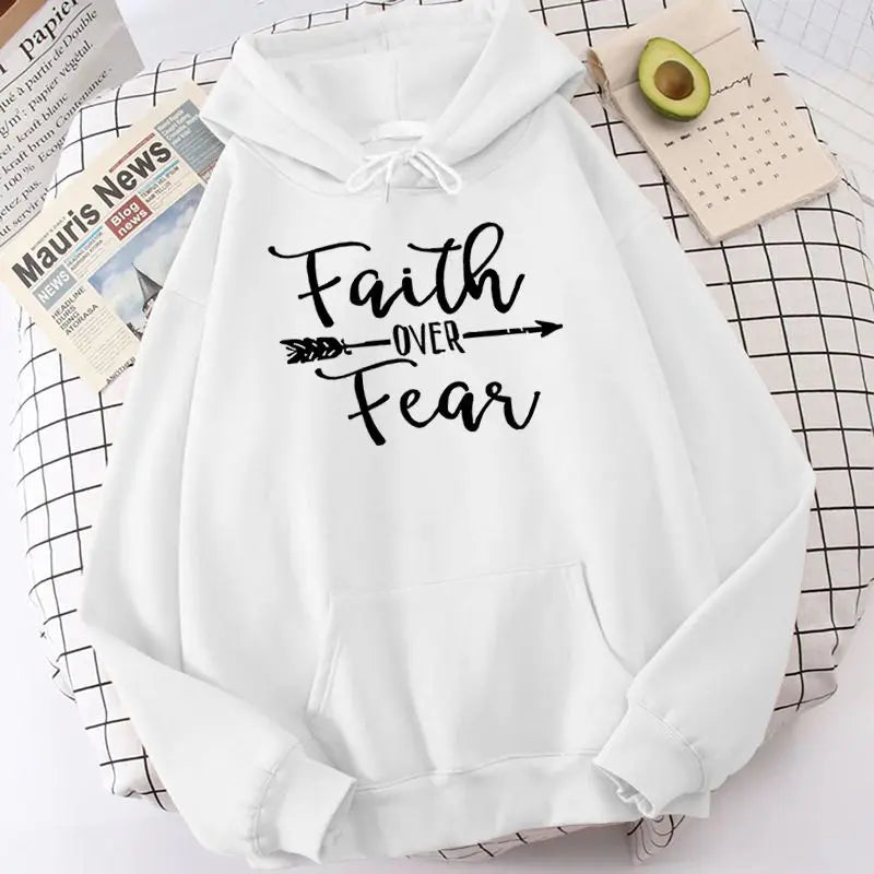 Faith Over Fear Hoodie - Women's Pullover in white featuring black script and arrow graphic, perfect for casual comfort and daily inspiration.