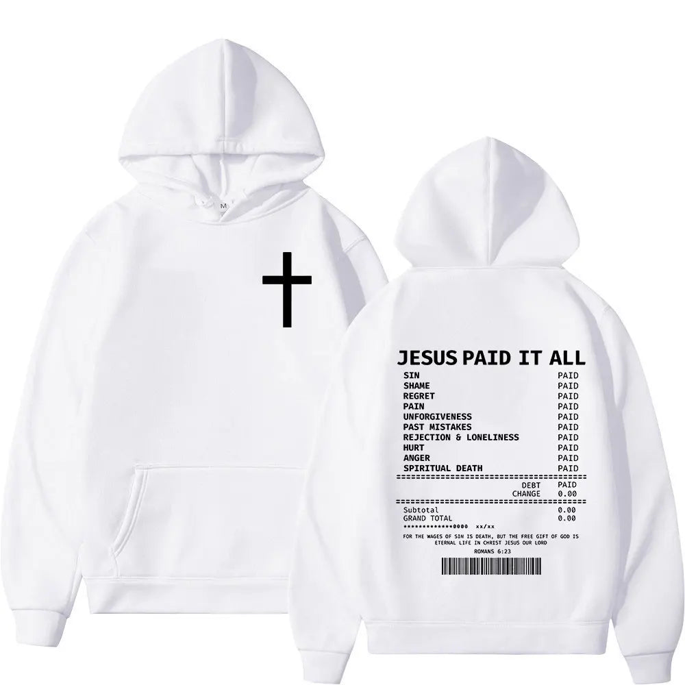 BC Salvation Jesus Paid It All hoodie in black with white cross on front and detailed Christian message on back. Oversized hip hop vintage pullover.