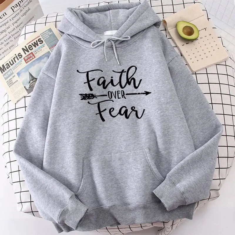Faith Over Fear Hoodie - Women's Pullover in gray with black script and arrow design, ideal for casual comfort and inspirational style.