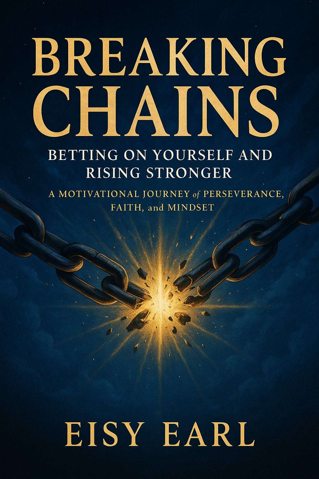 Breaking Chains Paperback book cover by Eisy Earl featuring a glowing broken chain against a dark blue background, symbolizing freedom and inner strength.