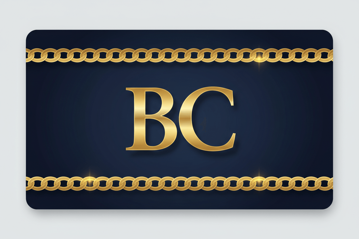 BC Gift Card with gold lettering and chain design on a dark blue background, ideal for versatile shopping and gifting needs.