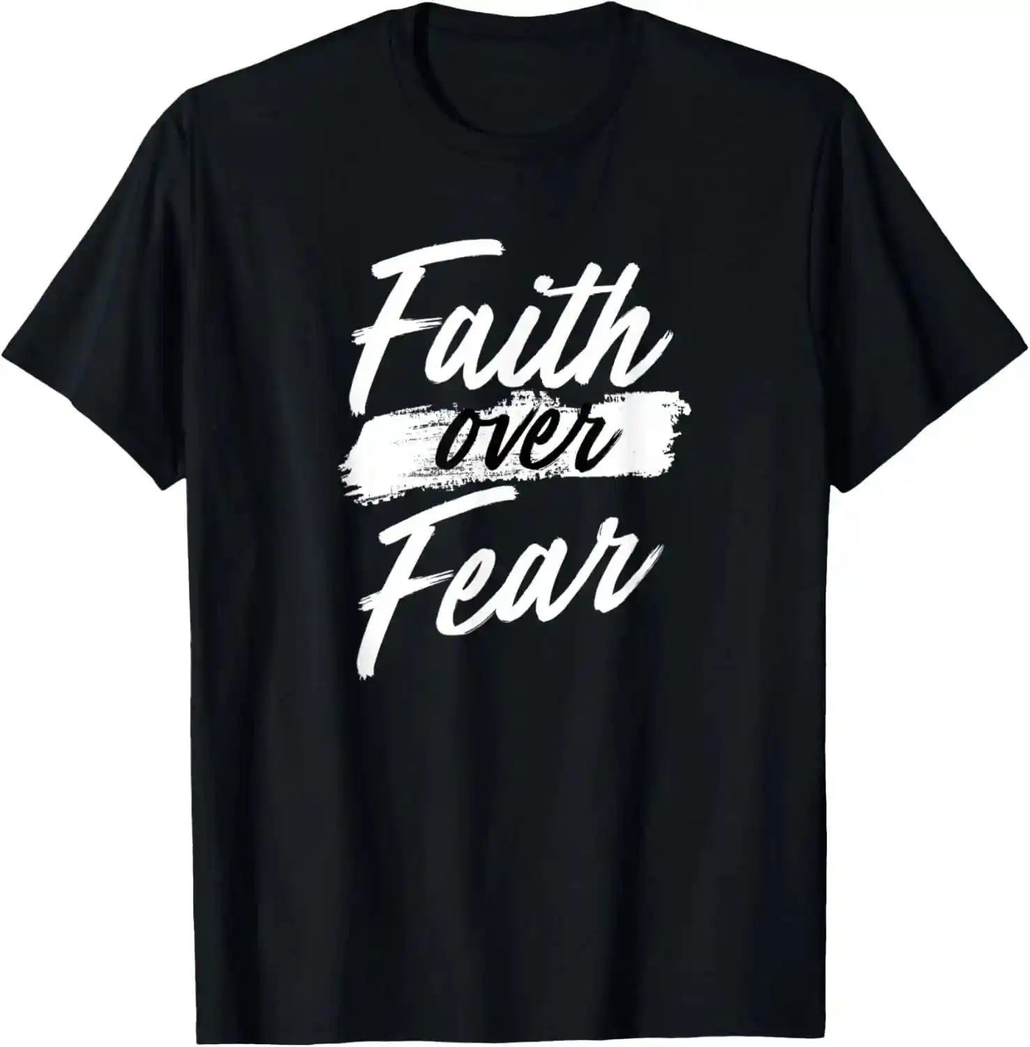 BC Faith Over Fear T-Shirt in black with bold white Christian lettering. Lightweight, classic fit ideal for pastors and Sunday school wear.