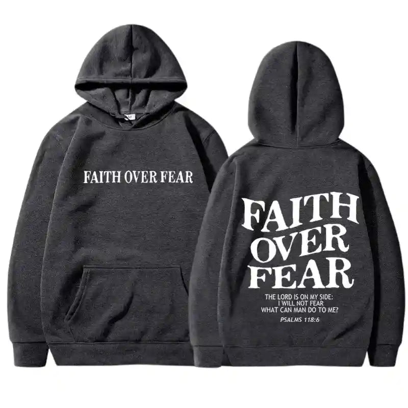 Dark gray BC Faith Over Fear Hoodies, unisex sweatshirts with minimalist front and inspirational back design. Comfortable and stylish.
