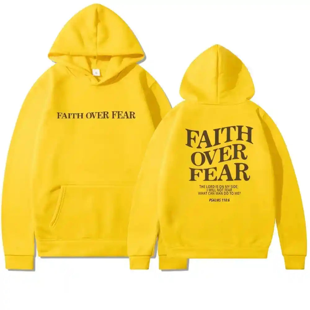 Yellow BC Hoodies with Faith Over Fear design and Psalm 118:6, vibrant Christian sweatshirt for faith-driven fashion.