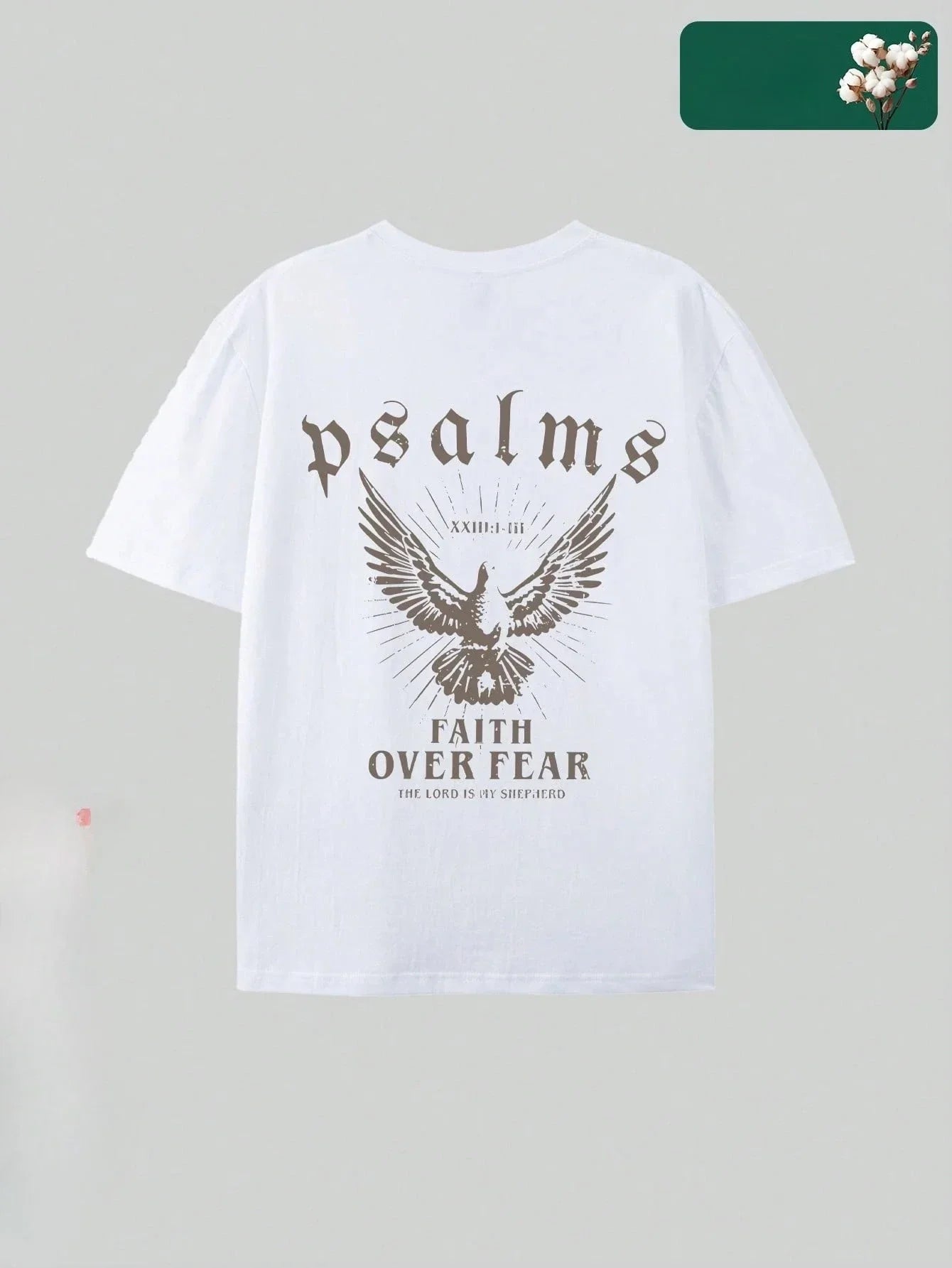 BC Men's Summer Round Neck Short Sleeved Casual Pure Cotton T-Shirt with PSALMS FAITH OVER FEAR eagle graphic print on back. Ideal for anime and faith-inspired streetwear.