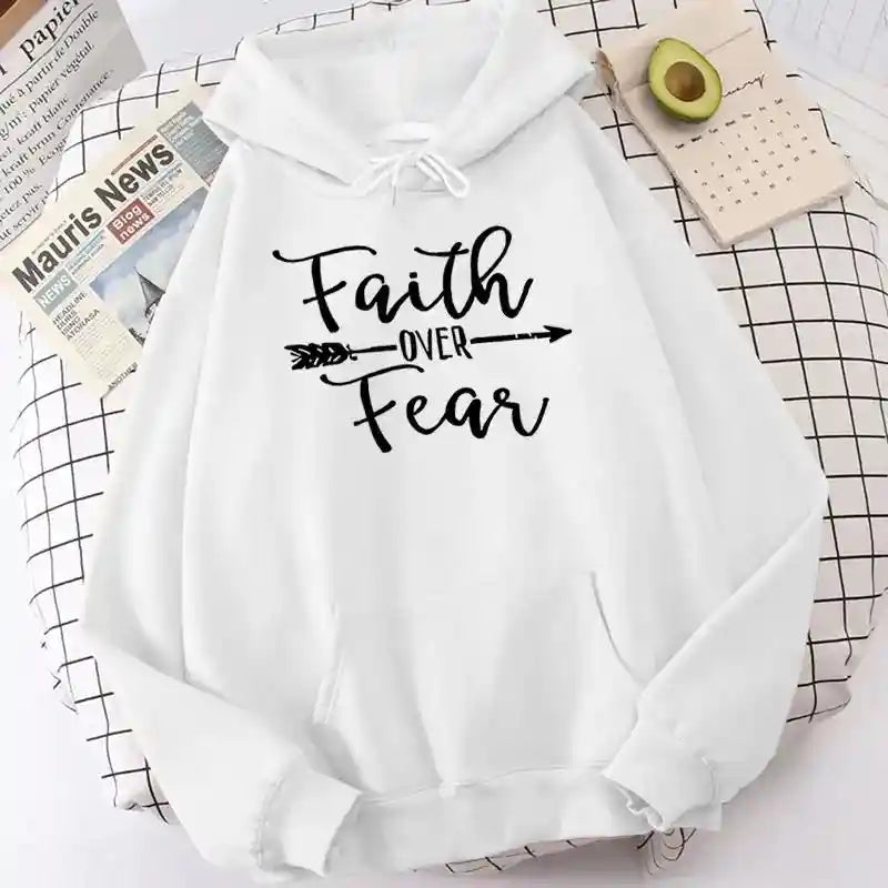 Faith Over Fear Hoodie - Women's Pullover in white with black lettering, laid flat for detailed view of design and cozy fabric texture.