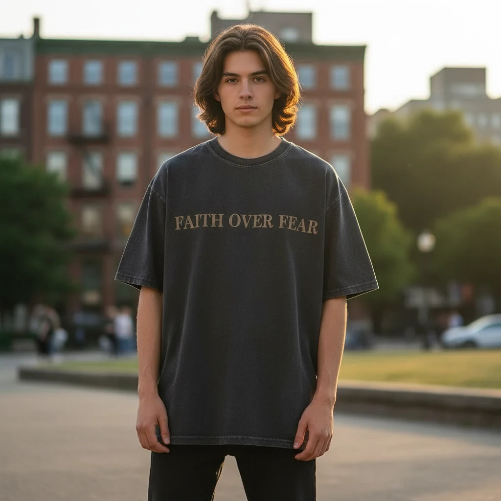 BC Christian Faith Over Fear Wash Mens Clothes Graphic T-Shirts featuring bold front and back text in vintage black wash style.