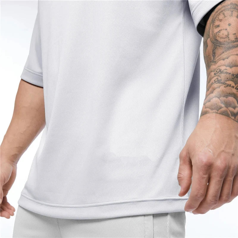 Close-up of BC Quick Dry Running T-shirt fabric texture. Moisture-wicking material enhances breathability and comfort.
