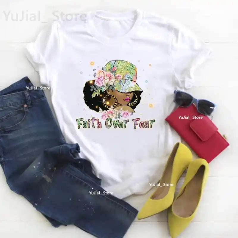 Faith Over Fear Tee - Women Graphic T-Shirt styled with denim and sunglasses, showcasing trendy summer fashion.