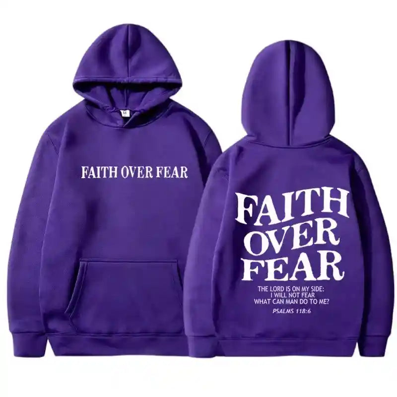Purple BC Faith Over Fear Hoodie with minimalist front text and bold scripture design on back. Unisex sweatshirt ideal for casual wear.