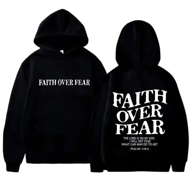BC Faith Over Fear Hoodies in black with bold front and back text, unisex minimalist sweatshirts for casual wear.