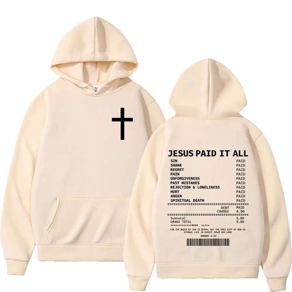 BC Salvation Jesus Paid It All hoodie in black with white cross on front and detailed Christian message on back. Oversized hip hop vintage pullover.