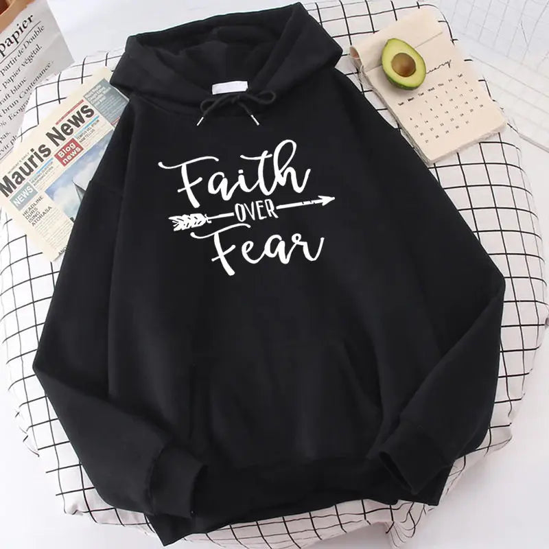 Faith Over Fear Hoodie - Women's Pullover in black with white lettering, combining cozy wear with a bold motivational message.