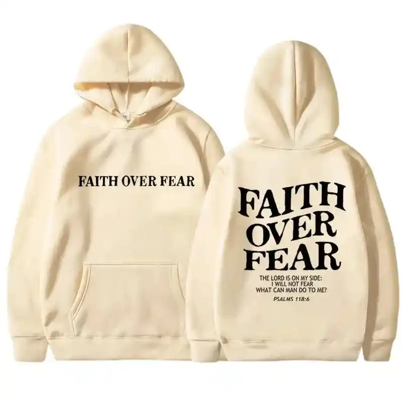 Beige BC Faith Over Fear Hoodie with minimalist front and bold back design. Unisex sweatshirt perfect for spiritual and casual styling.