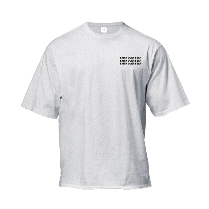 BC Quick Dry Running T-shirt - Faith Over Fear in white with bold chest print. Oversized fit ideal for athletic and casual wear.