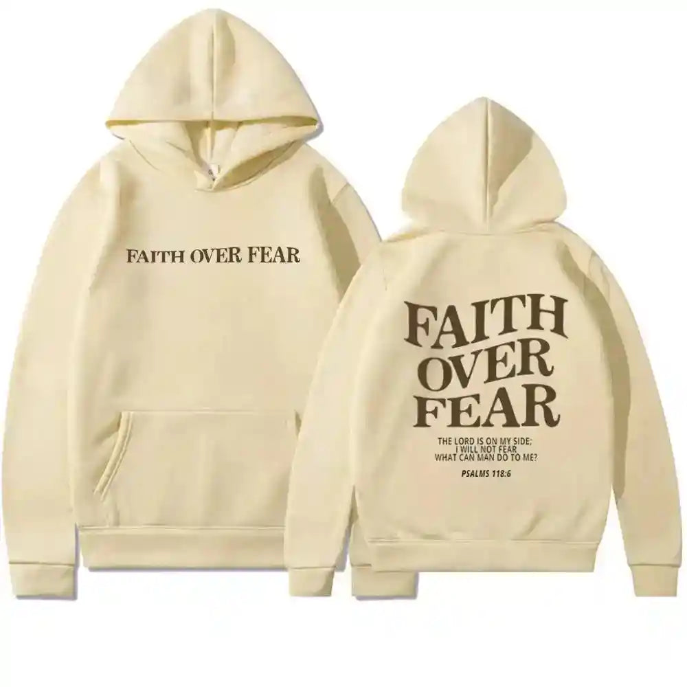 Beige BC Hoodies with Faith Over Fear scripture design, trendy Christian sweatshirt for modern believers.